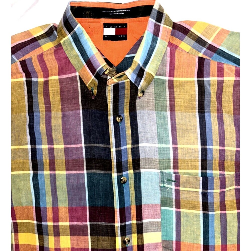 Tommy Hilfiger Mens Multicolor Madras Short Sleeve Button Down Shirt Size XL